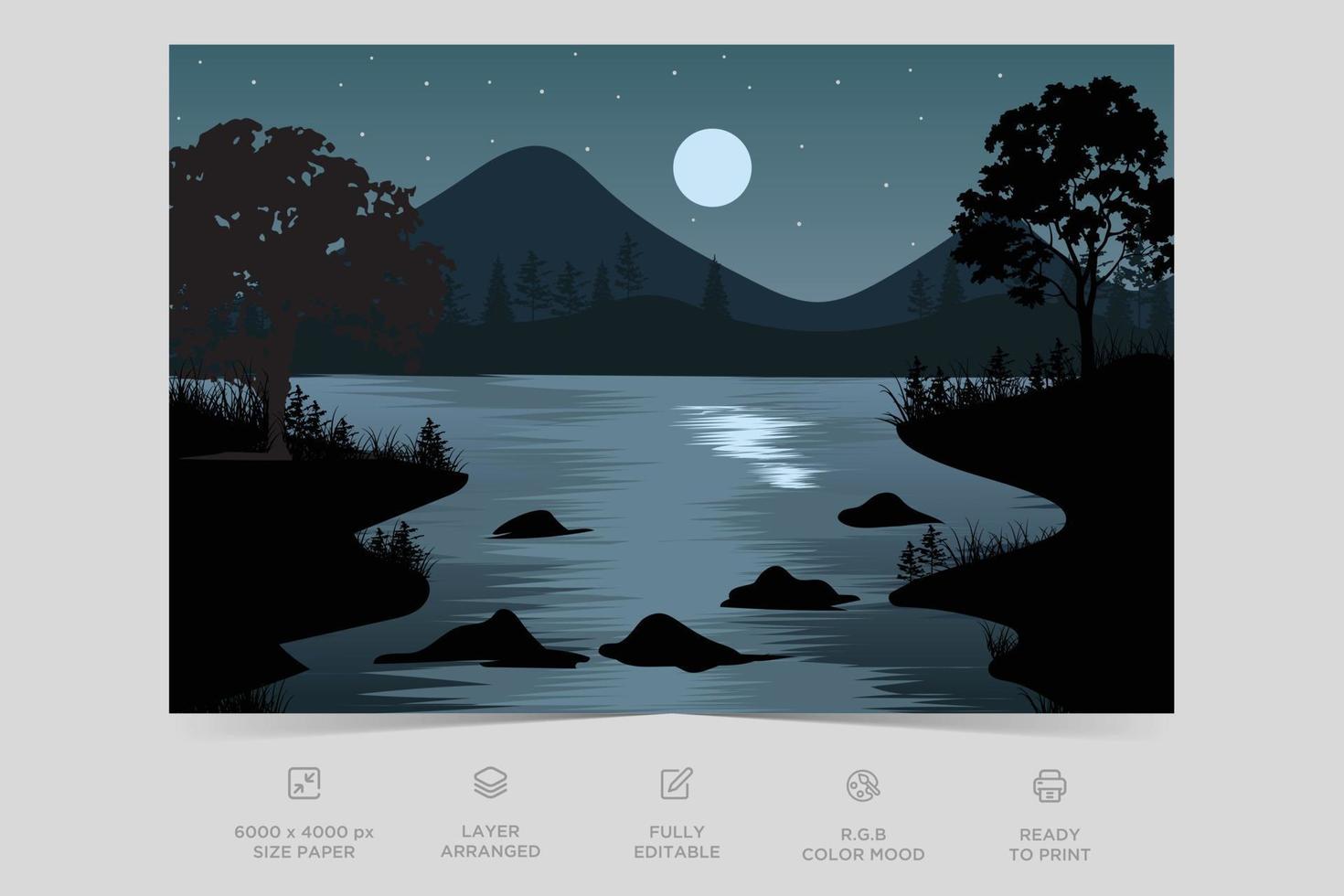 Design-Hintergrundschablonen-Vektorillustration der Nachtflussansicht-Landschaftsdesignnaturszene flache vektor