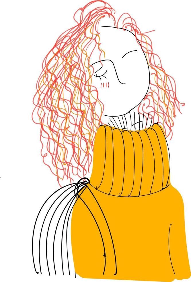 en lockigt flicka med ett orange Tröja, vektor eller Färg illustration.