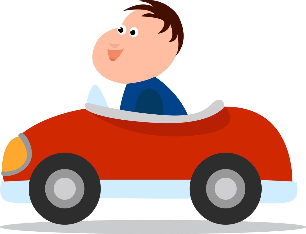 Kind im roten Autospielzeug, Illustration, Vektor auf weißem Hintergrund