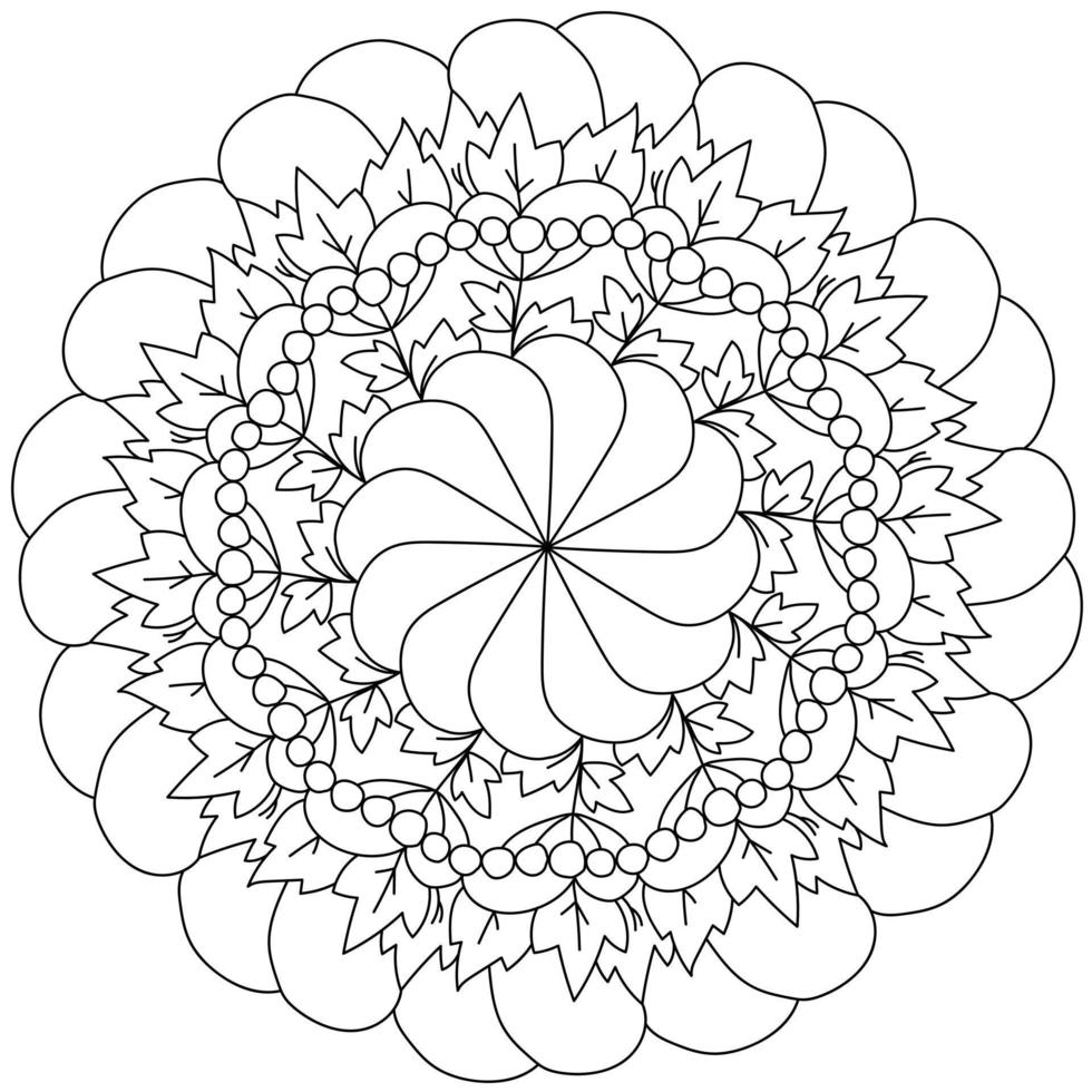 enkel översikt mandala med blomma, bär och löv, färg sida med naturlig motiv vektor