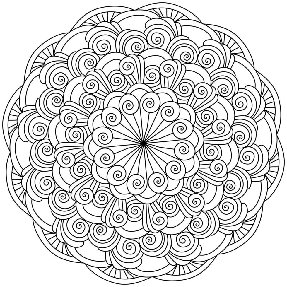 mandala med många spiral lockar och strömmande rader, zen färg bok sida vektor illustration