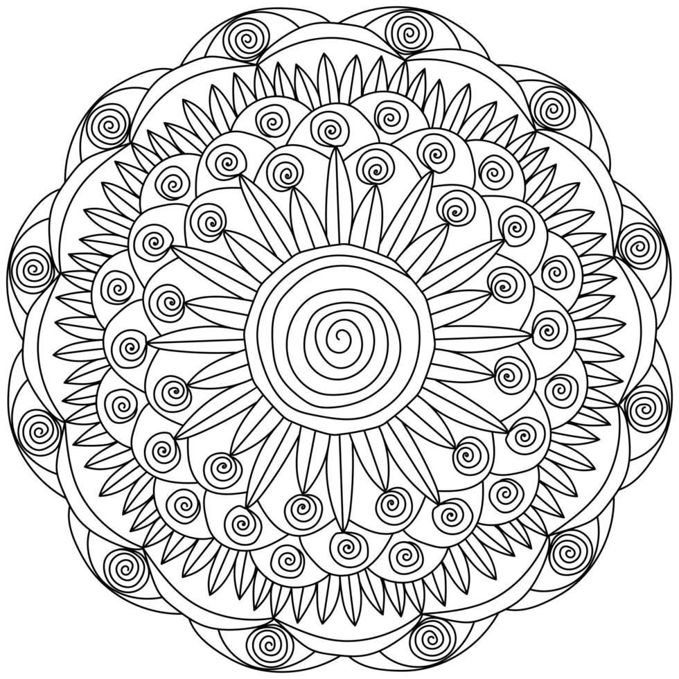 kontur mandala av spiral lockar och en stor spiral i de Centrum, meditativ färg sida med utsmyckad mönster vektor