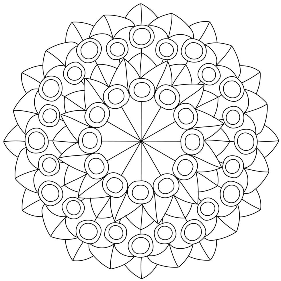 Konturgeometrisches Mandala mit Blütenblättern und Kreisen, meditative Malseite mit einfachen Mustern vektor