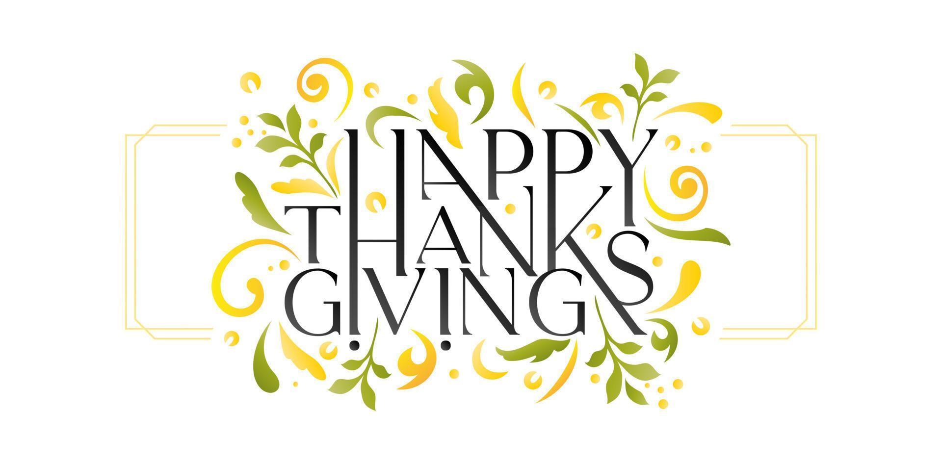 illustration av Lycklig tacksägelse text typsnitt med isolerat vit bakgrunder, Lycklig tacksägelse illustration med blommig och virvlar mönster, för hälsning kort, inbjudan, tecken och banderoller vektor