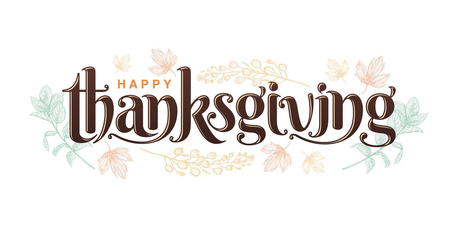Lycklig tacksägelse text typsnitt med isolerat vit bakgrunder, Lycklig tacksägelse illustration med blommig mönster, för hälsning kort, inbjudan, tecken och banderoller. vektor