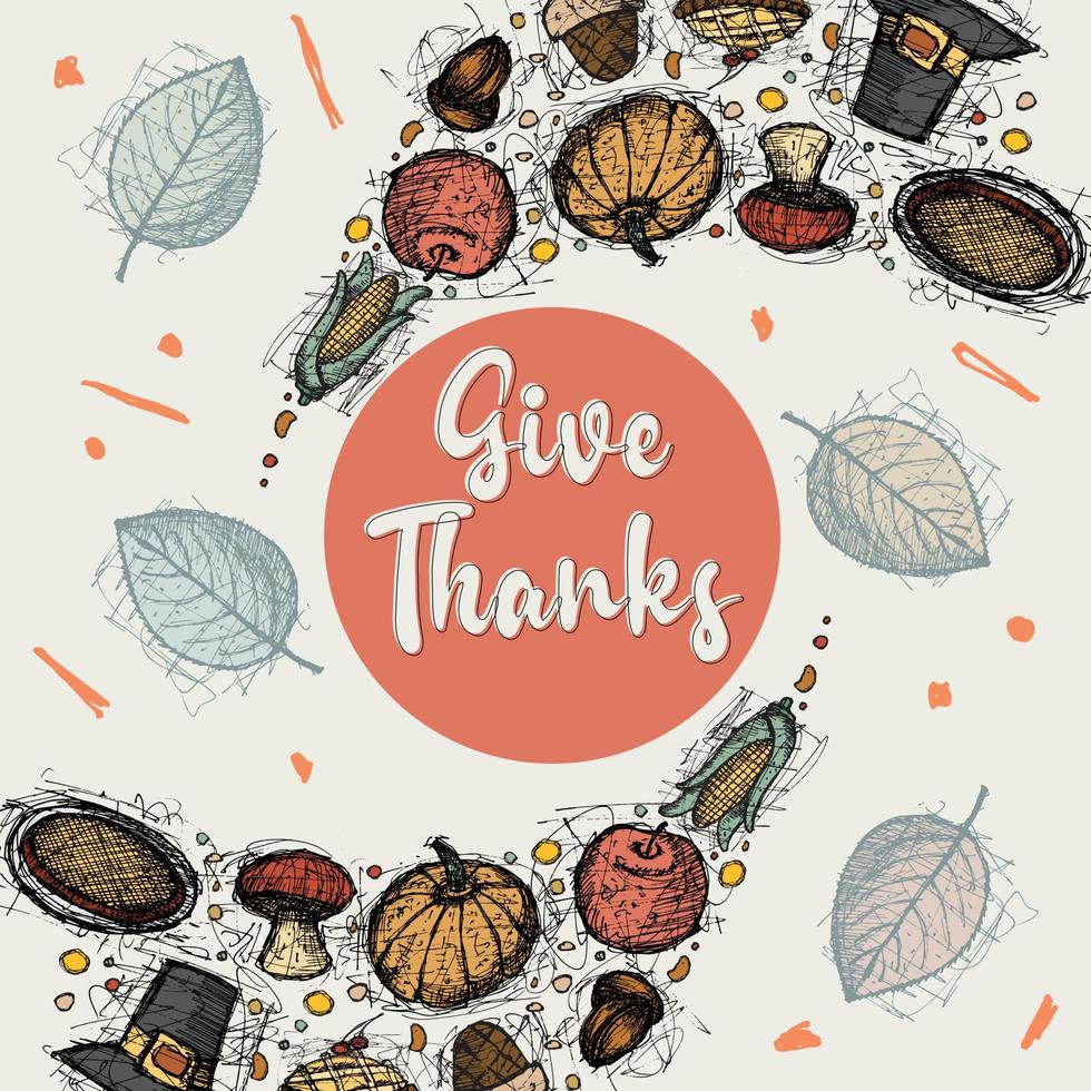 Thanksgiving-Grußkarten und Einladungen, verwendet für soziale Medien, Poster, Flyer. hand gezeichnete vektorillustration mit herbstfarbe. vektor