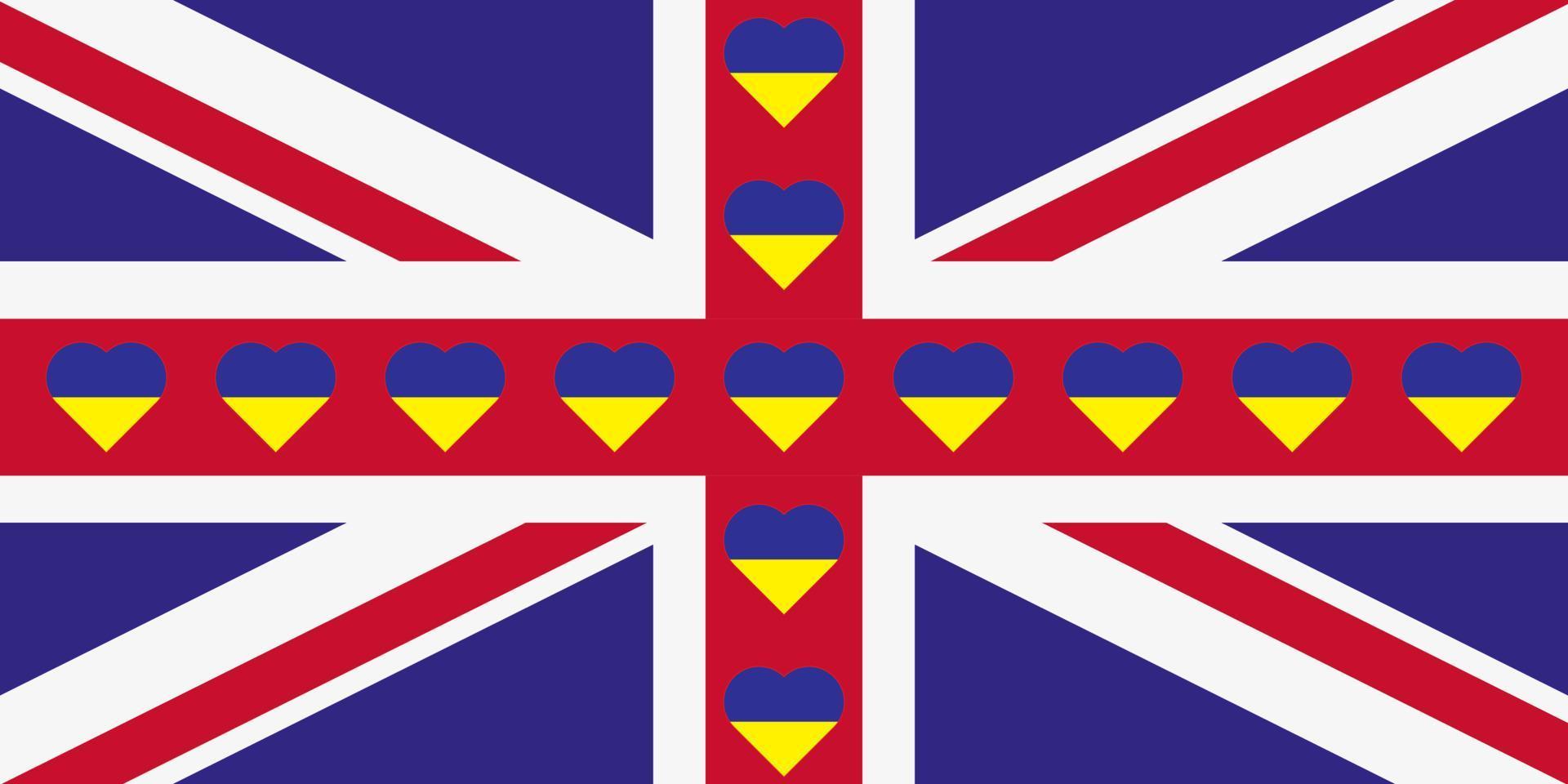 herz gemalt in den farben der flagge großbritanniens auf der flagge der ukraine. vektorillustration eines herzens mit dem nationalen symbol von großbritannien auf einem blau-gelben hintergrund. vektor