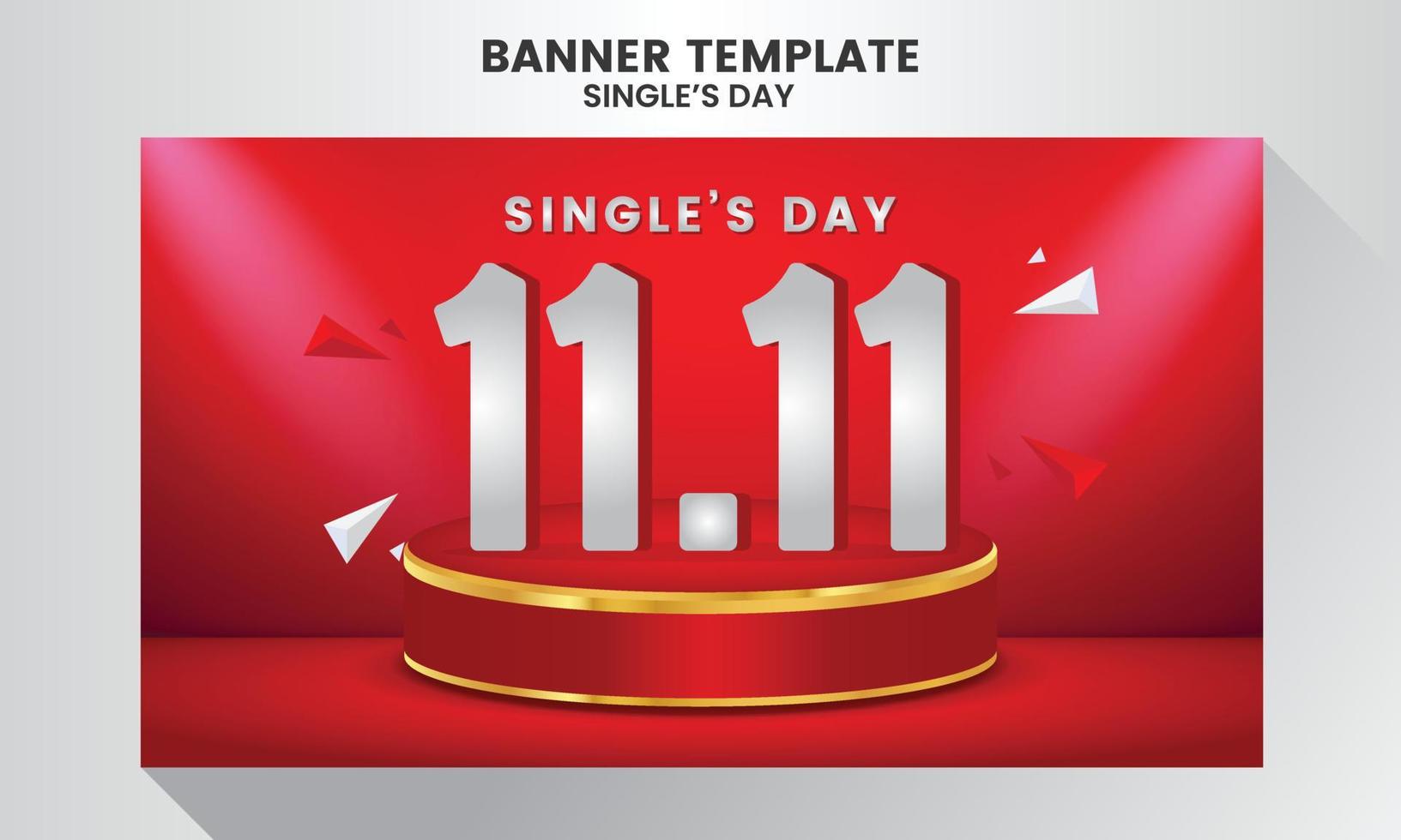 realistische single's day sale illustration banner vorlage mit bühne und rotem hintergrund vektor