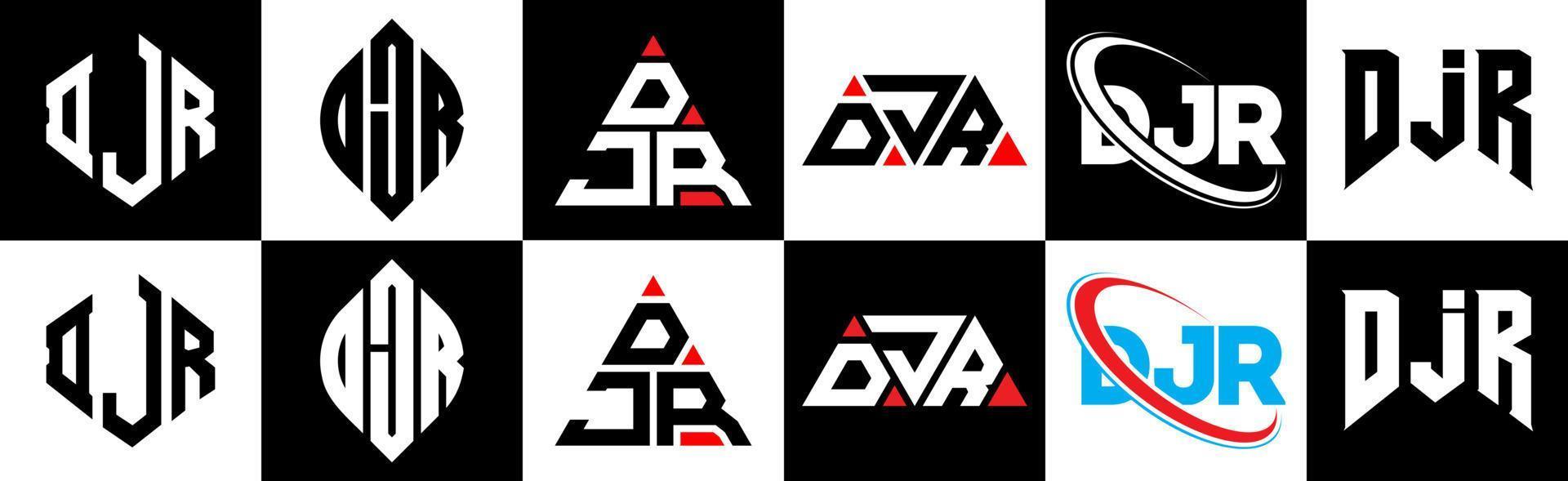 DJR-Brief-Logo-Design in sechs Stilen. djr polygon, kreis, dreieck, sechseck, flach und einfacher stil mit schwarz-weißem buchstabenlogo in einer zeichenfläche. djr minimalistisches und klassisches logo vektor