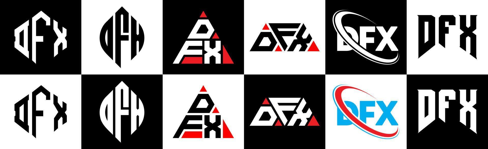 dfx-Buchstaben-Logo-Design in sechs Stilen. dfx-Polygon, Kreis, Dreieck, Sechseck, flacher und einfacher Stil mit schwarz-weißem Buchstabenlogo in einer Zeichenfläche. dfx minimalistisches und klassisches Logo vektor