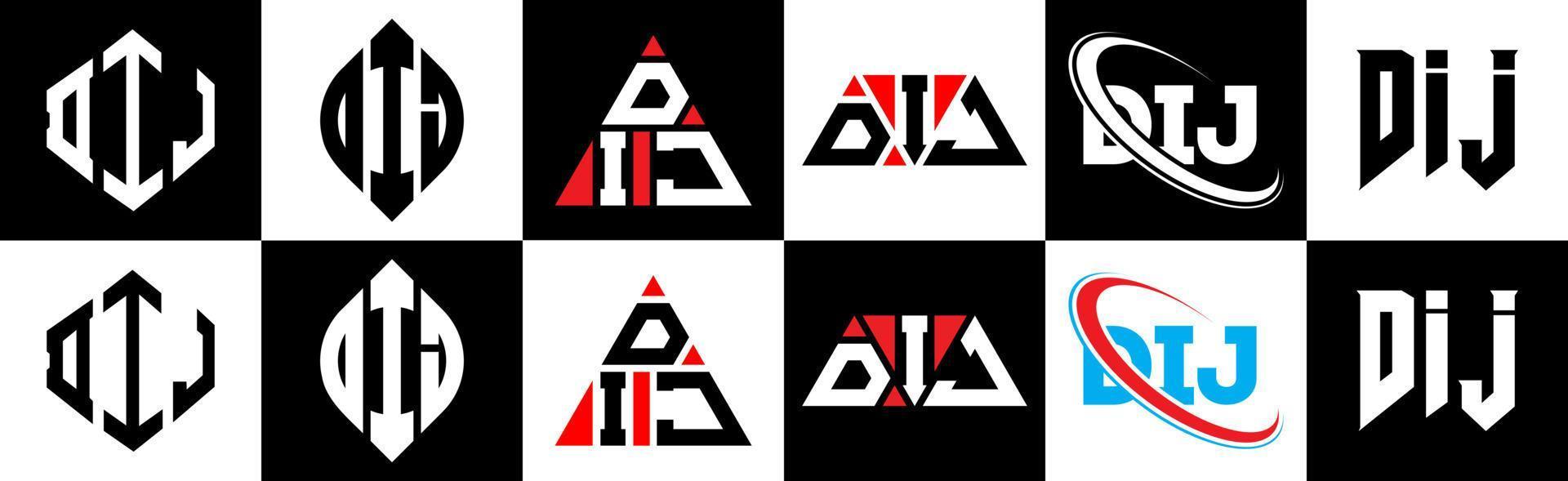 dij brev logotyp design i sex stil. dij polygon, cirkel, triangel, sexhörning, platt och enkel stil med svart och vit Färg variation brev logotyp uppsättning i ett rittavla. dij minimalistisk och klassisk logotyp vektor