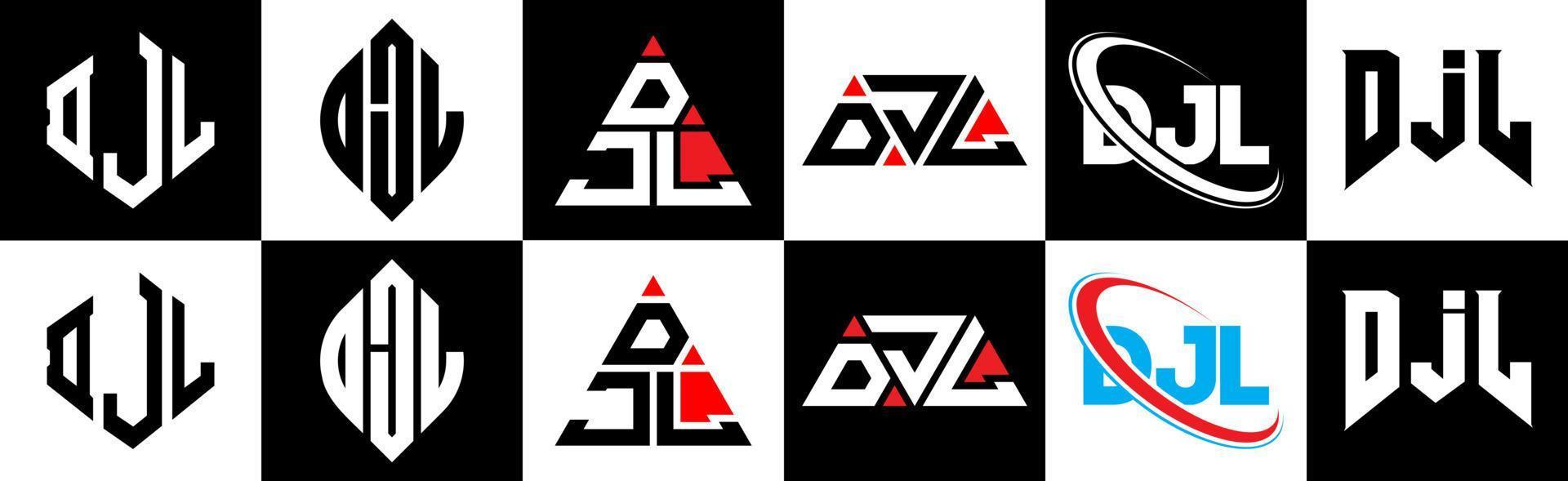 djl-Buchstaben-Logo-Design in sechs Stilen. djl polygon, kreis, dreieck, hexagon, flacher und einfacher stil mit schwarz-weißem buchstabenlogo in einer zeichenfläche. djl minimalistisches und klassisches logo vektor