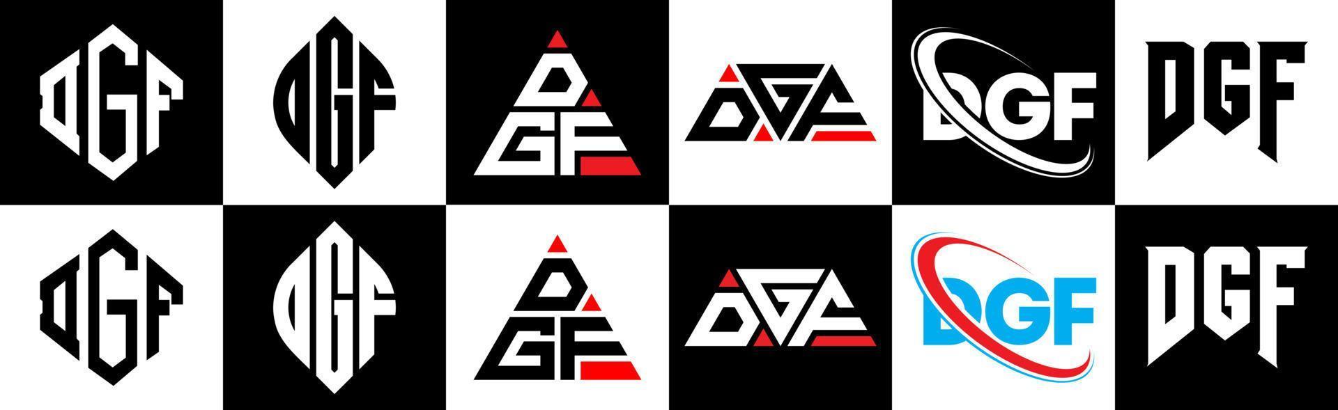 dgf brev logotyp design i sex stil. dgf polygon, cirkel, triangel, sexhörning, platt och enkel stil med svart och vit Färg variation brev logotyp uppsättning i ett rittavla. dgf minimalistisk och klassisk logotyp vektor