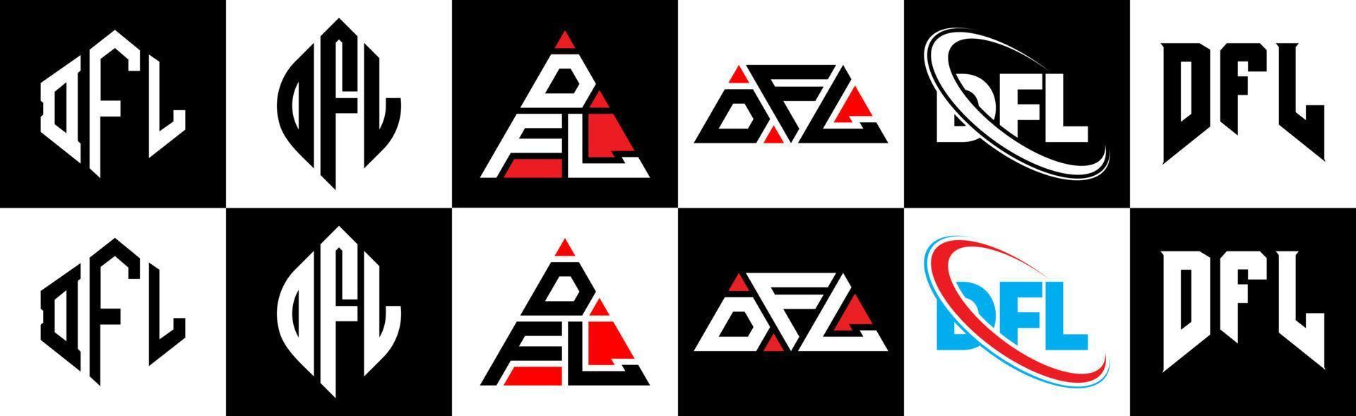 dfl brev logotyp design i sex stil. dfl polygon, cirkel, triangel, sexhörning, platt och enkel stil med svart och vit Färg variation brev logotyp uppsättning i ett rittavla. dfl minimalistisk och klassisk logotyp vektor