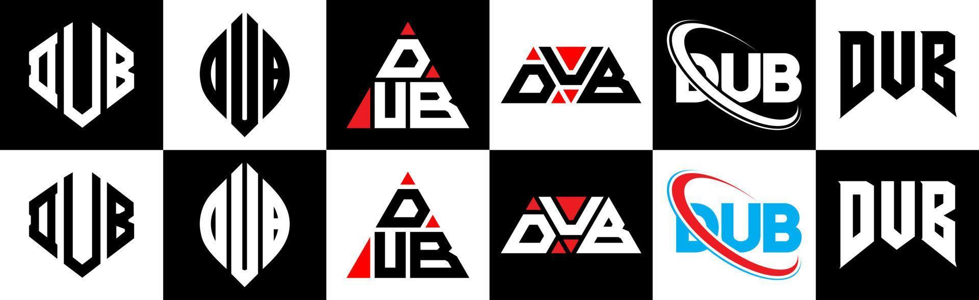 Dub-Buchstaben-Logo-Design in sechs Stilen. Dub-Polygon, Kreis, Dreieck, Sechseck, flacher und einfacher Stil mit schwarz-weißem Buchstabenlogo in einer Zeichenfläche. Dub minimalistisches und klassisches Logo vektor