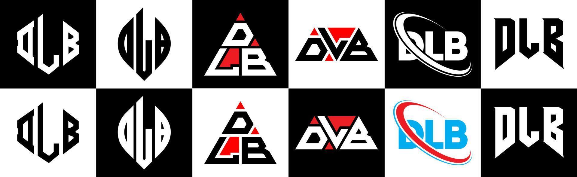 dlb-Buchstaben-Logo-Design in sechs Stilen. dlb-Polygon, Kreis, Dreieck, Sechseck, flacher und einfacher Stil mit schwarz-weißem Buchstabenlogo in einer Zeichenfläche. dlb minimalistisches und klassisches Logo vektor