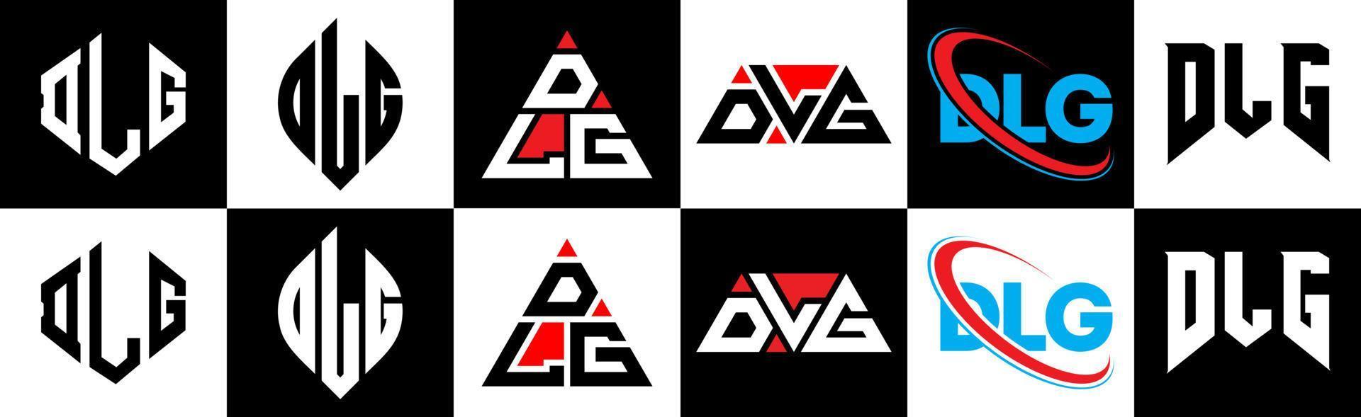 dlg-Buchstaben-Logo-Design in sechs Stilen. dlg polygon, kreis, dreieck, hexagon, flacher und einfacher stil mit schwarz-weißem buchstabenlogo in einer zeichenfläche. dlg minimalistisches und klassisches Logo vektor