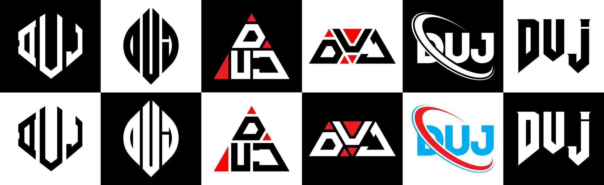 duj brev logotyp design i sex stil. duj polygon, cirkel, triangel, sexhörning, platt och enkel stil med svart och vit Färg variation brev logotyp uppsättning i ett rittavla. duj minimalistisk och klassisk logotyp vektor