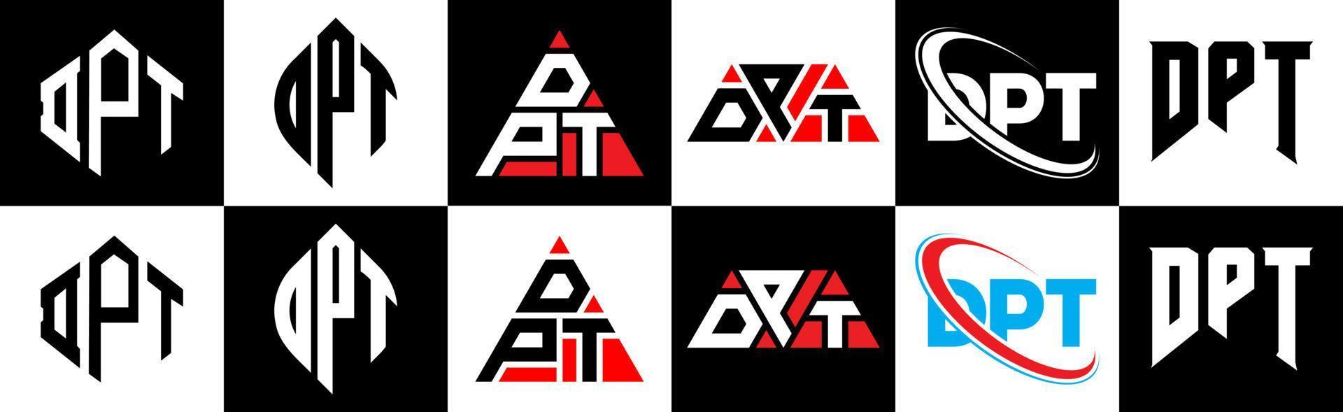 dpt-Buchstaben-Logo-Design in sechs Stilen. dpt Polygon, Kreis, Dreieck, Sechseck, flacher und einfacher Stil mit schwarz-weißem Buchstabenlogo in einer Zeichenfläche. dpt minimalistisches und klassisches Logo vektor