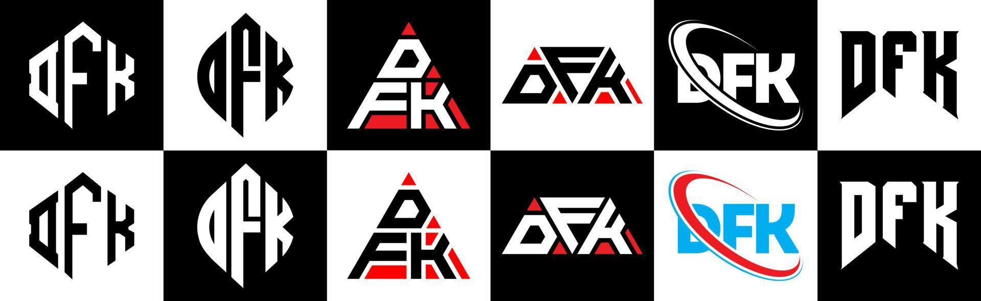 dfk brev logotyp design i sex stil. dfk polygon, cirkel, triangel, sexhörning, platt och enkel stil med svart och vit Färg variation brev logotyp uppsättning i ett rittavla. dfk minimalistisk och klassisk logotyp vektor