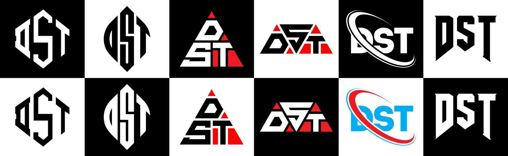 dst-Buchstaben-Logo-Design in sechs Stilen. dst Polygon, Kreis, Dreieck, Sechseck, flacher und einfacher Stil mit schwarz-weißem Buchstabenlogo in einer Zeichenfläche. dst minimalistisches und klassisches Logo vektor