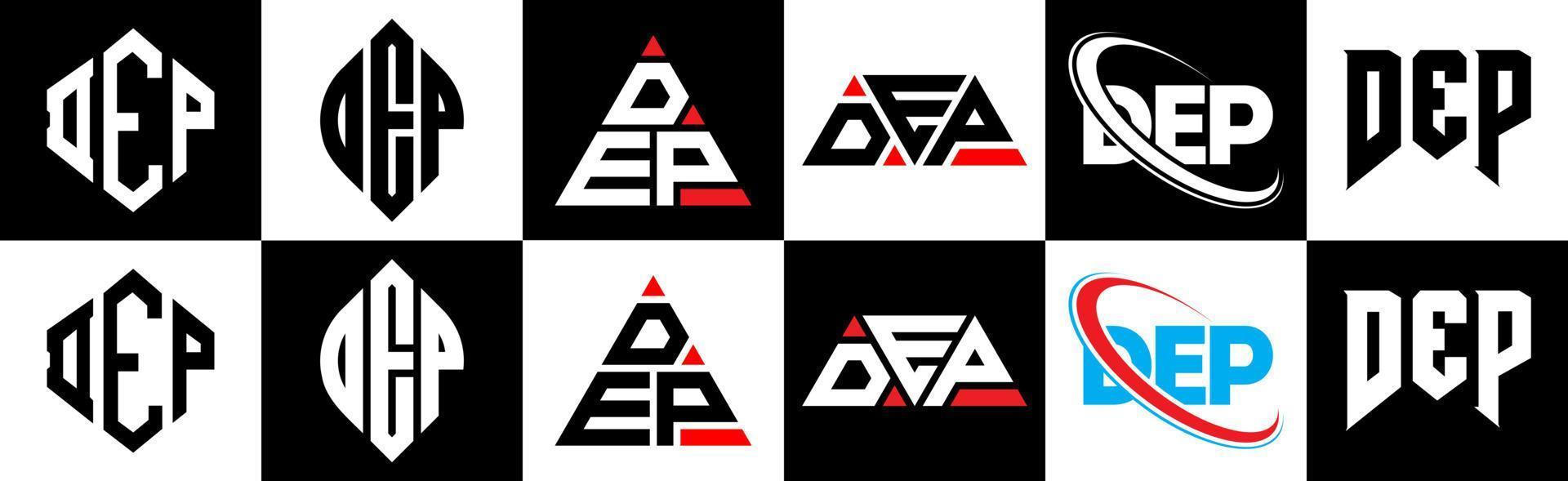 dep-Buchstaben-Logo-Design in sechs Stilen. Dep Polygon, Kreis, Dreieck, Sechseck, flacher und einfacher Stil mit schwarzem und weißem Farbvariations-Buchstabenlogo in einer Zeichenfläche. Dep minimalistisches und klassisches Logo vektor