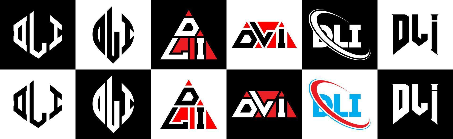 dli brev logotyp design i sex stil. dli polygon, cirkel, triangel, sexhörning, platt och enkel stil med svart och vit Färg variation brev logotyp uppsättning i ett rittavla. dli minimalistisk och klassisk logotyp vektor