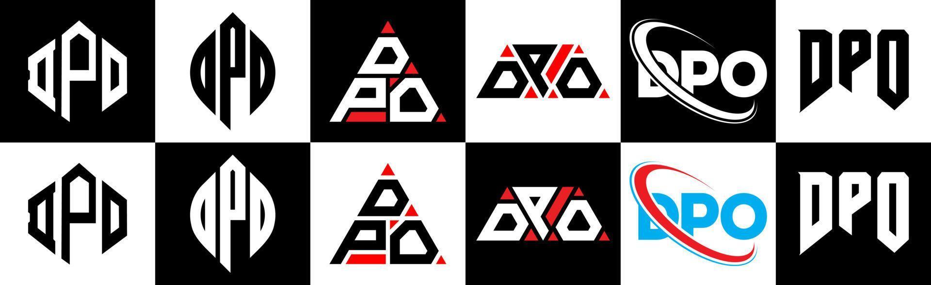 dpo-Brief-Logo-Design in sechs Stilen. dpo polygon, kreis, dreieck, sechseck, flacher und einfacher stil mit schwarz-weißem buchstabenlogo in einer zeichenfläche. dpo minimalistisches und klassisches Logo vektor