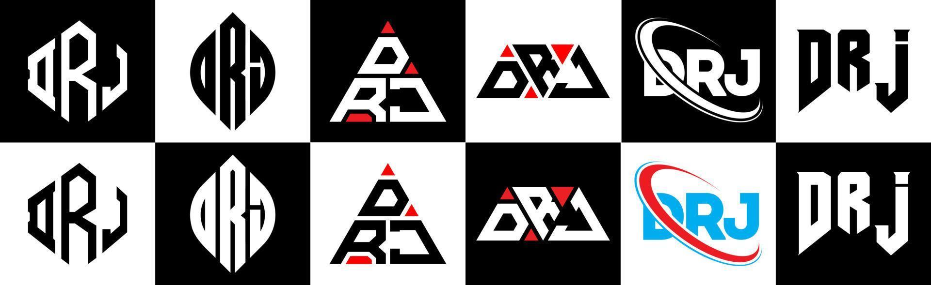 drj-Buchstaben-Logo-Design in sechs Stilen. drj polygon, kreis, dreieck, hexagon, flacher und einfacher stil mit schwarz-weißem buchstabenlogo in einer zeichenfläche. drj minimalistisches und klassisches Logo vektor