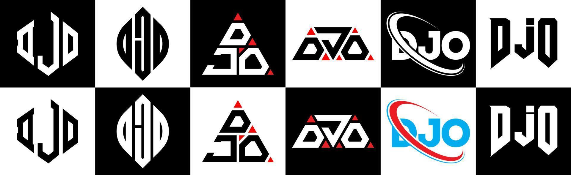 djo brev logotyp design i sex stil. djo polygon, cirkel, triangel, sexhörning, platt och enkel stil med svart och vit Färg variation brev logotyp uppsättning i ett rittavla. djo minimalistisk och klassisk logotyp vektor