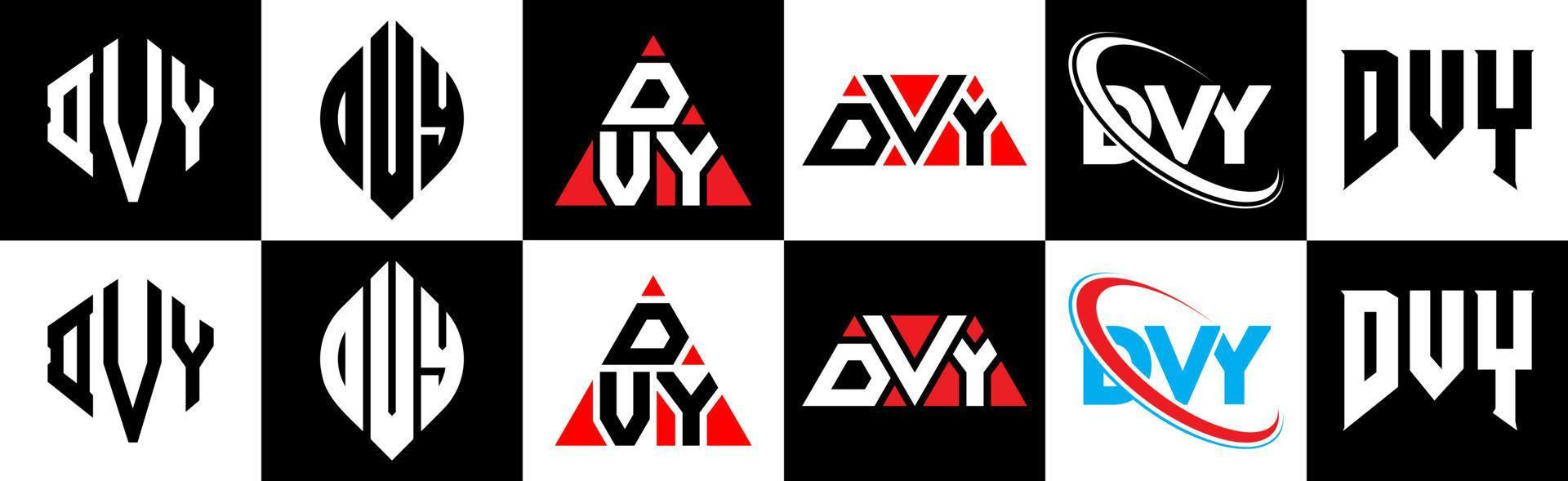 dvy-Buchstaben-Logo-Design in sechs Stilen. dvy polygon, kreis, dreieck, sechseck, flacher und einfacher stil mit schwarz-weißem buchstabenlogo in einer zeichenfläche. dvy minimalistisches und klassisches Logo vektor