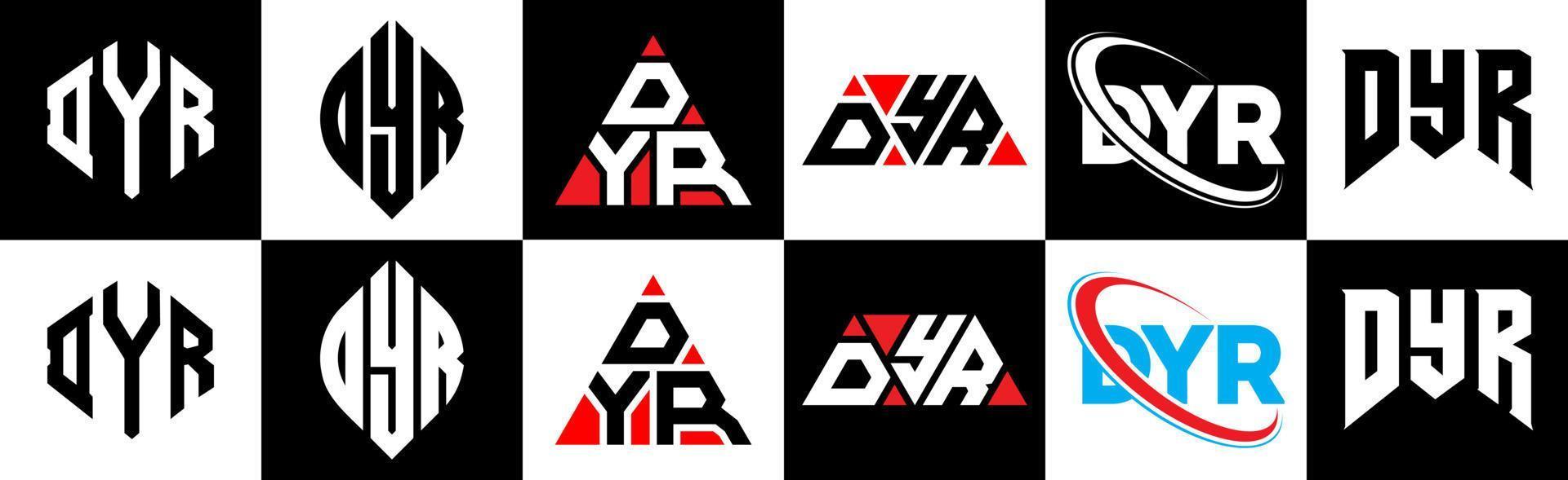 dyr-Buchstaben-Logo-Design in sechs Stilen. dyr-polygon, kreis, dreieck, sechseck, flacher und einfacher stil mit schwarz-weißem buchstabenlogo in einer zeichenfläche. dyr minimalistisches und klassisches Logo vektor