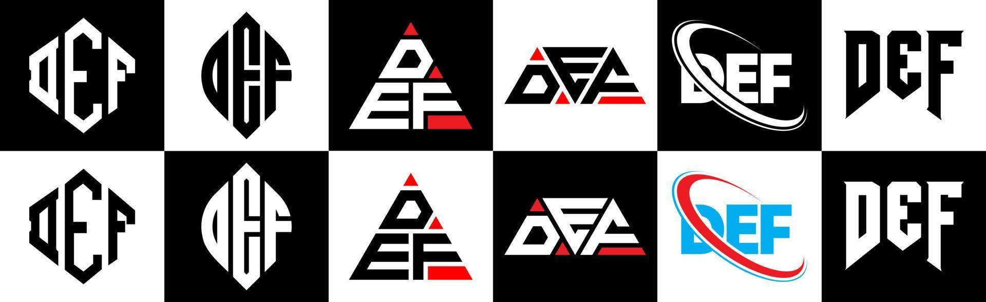 def-Buchstaben-Logo-Design in sechs Stilen. Def. Polygon, Kreis, Dreieck, Sechseck, flacher und einfacher Stil mit schwarz-weißem Buchstabenlogo in einer Zeichenfläche. Def minimalistisches und klassisches Logo vektor