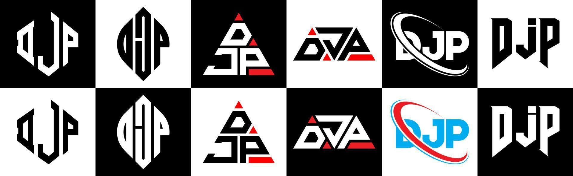 djp-Buchstaben-Logo-Design in sechs Stilen. djp polygon, kreis, dreieck, hexagon, flacher und einfacher stil mit schwarz-weißem buchstabenlogo in einer zeichenfläche. djp minimalistisches und klassisches logo vektor