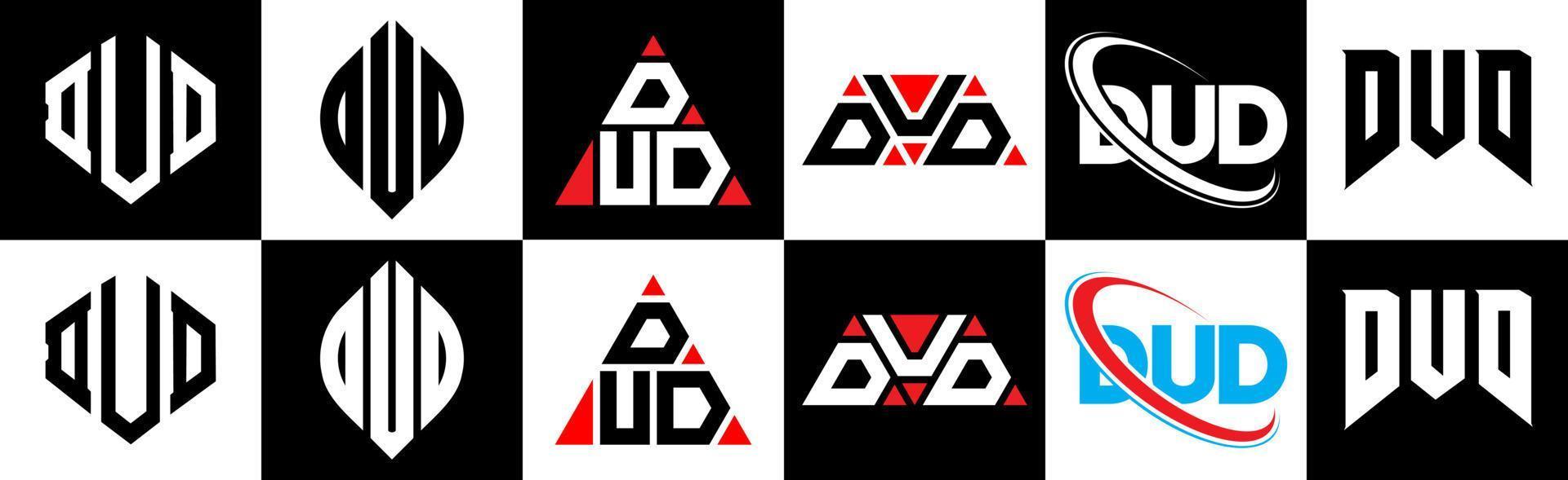 Dud-Buchstaben-Logo-Design in sechs Stilen. Blindpolygon, Kreis, Dreieck, Sechseck, flacher und einfacher Stil mit schwarz-weißem Buchstabenlogo in einer Zeichenfläche. Dud minimalistisches und klassisches Logo vektor