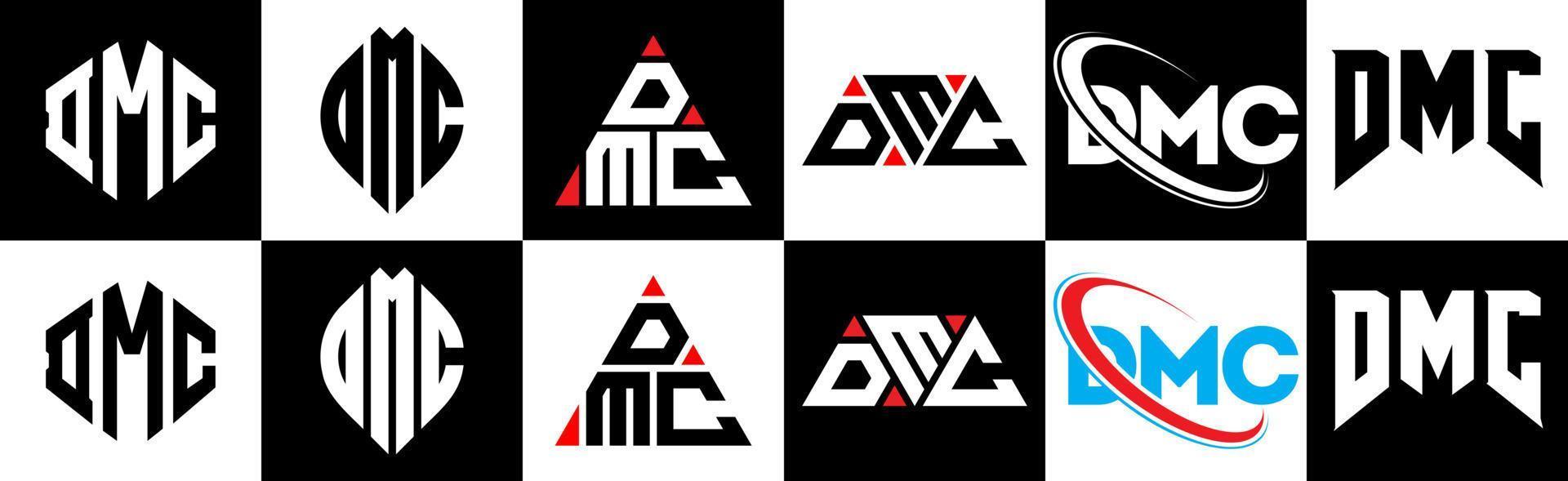 dmc-Buchstaben-Logo-Design in sechs Stilen. dmc-Polygon, Kreis, Dreieck, Sechseck, flacher und einfacher Stil mit schwarz-weißem Buchstabenlogo in einer Zeichenfläche. dmc minimalistisches und klassisches Logo vektor