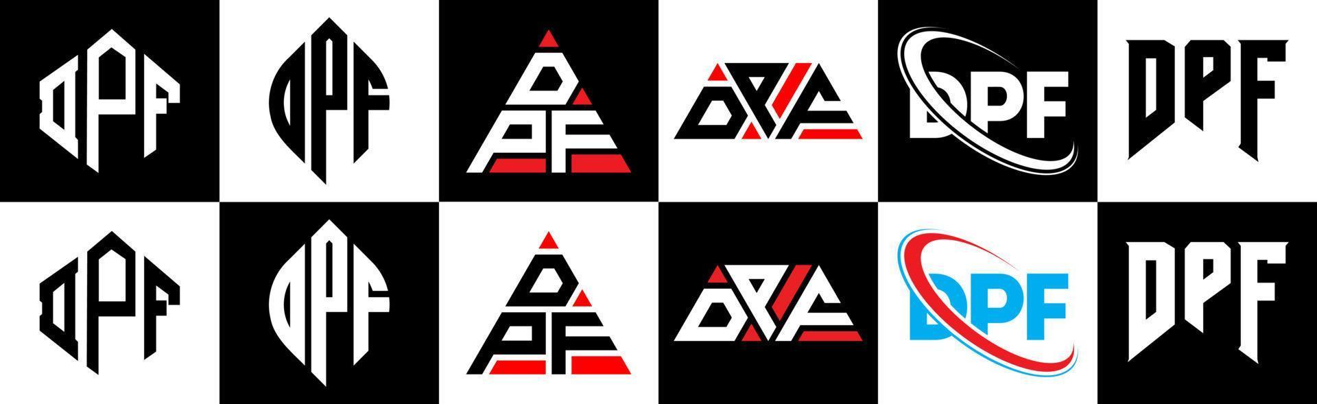 dpf-Buchstaben-Logo-Design in sechs Stilen. dpf polygon, kreis, dreieck, sechseck, flach und einfacher stil mit schwarz-weißem buchstabenlogo in einer zeichenfläche. dpf minimalistisches und klassisches Logo vektor