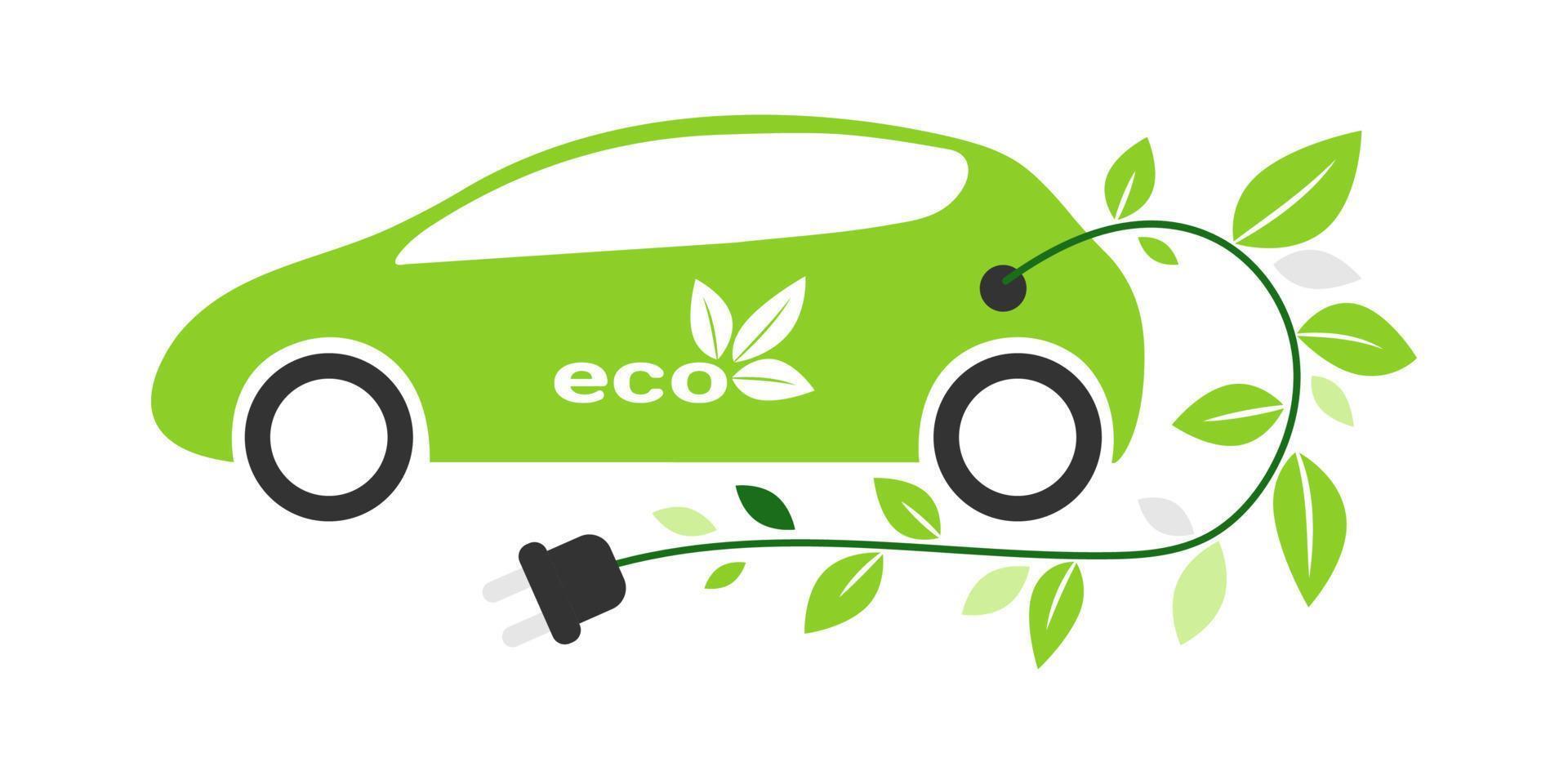 Elektroauto mit Ladekabel. umweltfreundlicher transport, elektrofahrzeug. Am Ladekabel wachsen grüne Blätter als Symbol für Zero Emission vektor