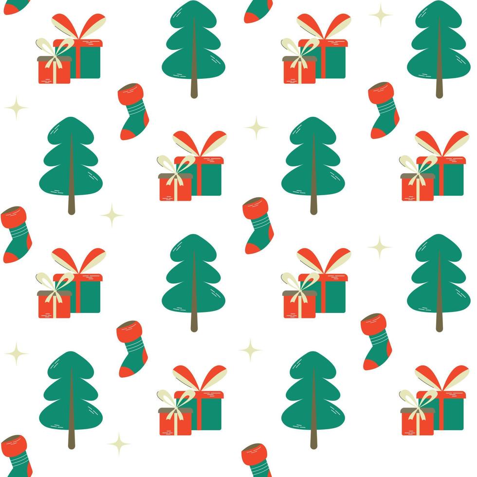 handgezeichnete Kulisse. bunte Cartoon Musterdesign mit Weihnachtsbäumen und Geschenken. süße Tapete, gut zum Drucken. Vektor-Design-Illustration. frohes neues jahr konzept. Winterzeit vektor