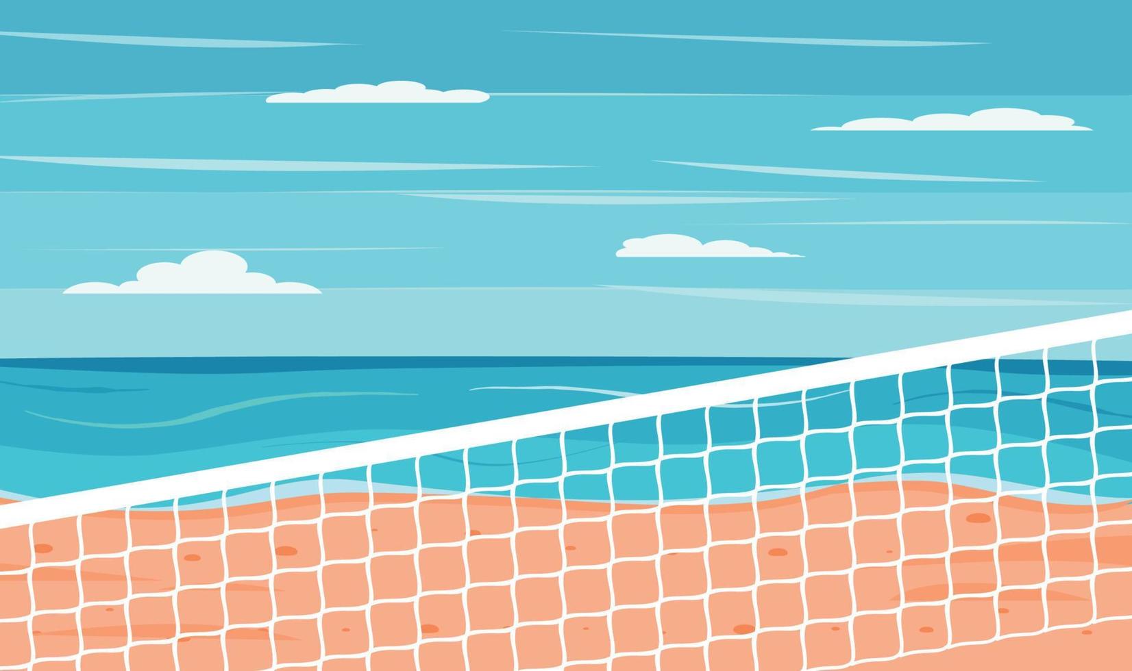 Volleyballnetz und Ball auf Sand im Sommerhintergrund. aktiver lebensstil am strand mit sand in der nähe von meer oder ozean mit himmel. Beachvolleyballfeld mit Meereshintergrund. vektor