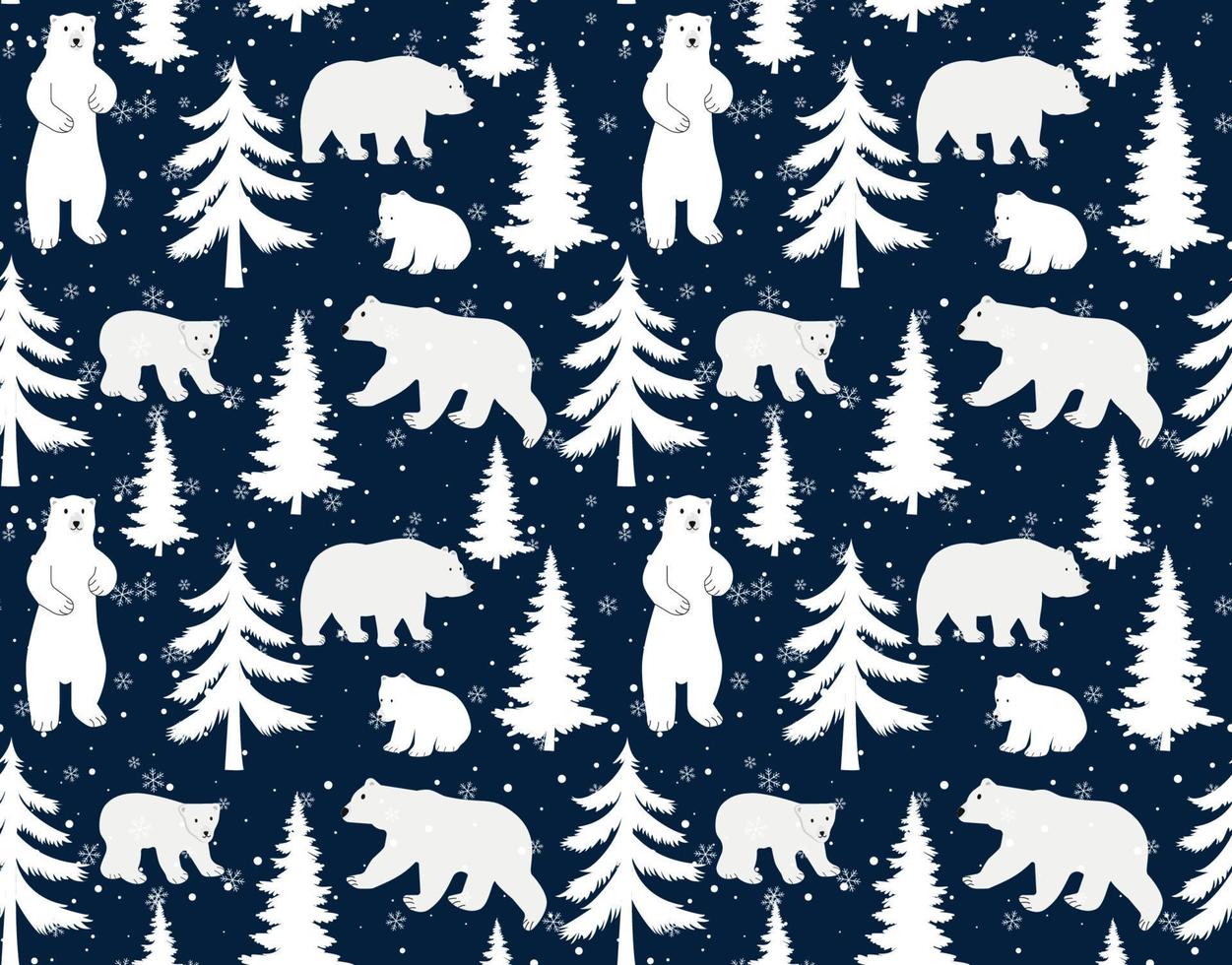 sömlös vektor mönster med söt hand dragen polär björnar, tall träd och snöig vinter- skog på mörk blå bakgrund. perfekt för textil, tapet eller skriva ut design.