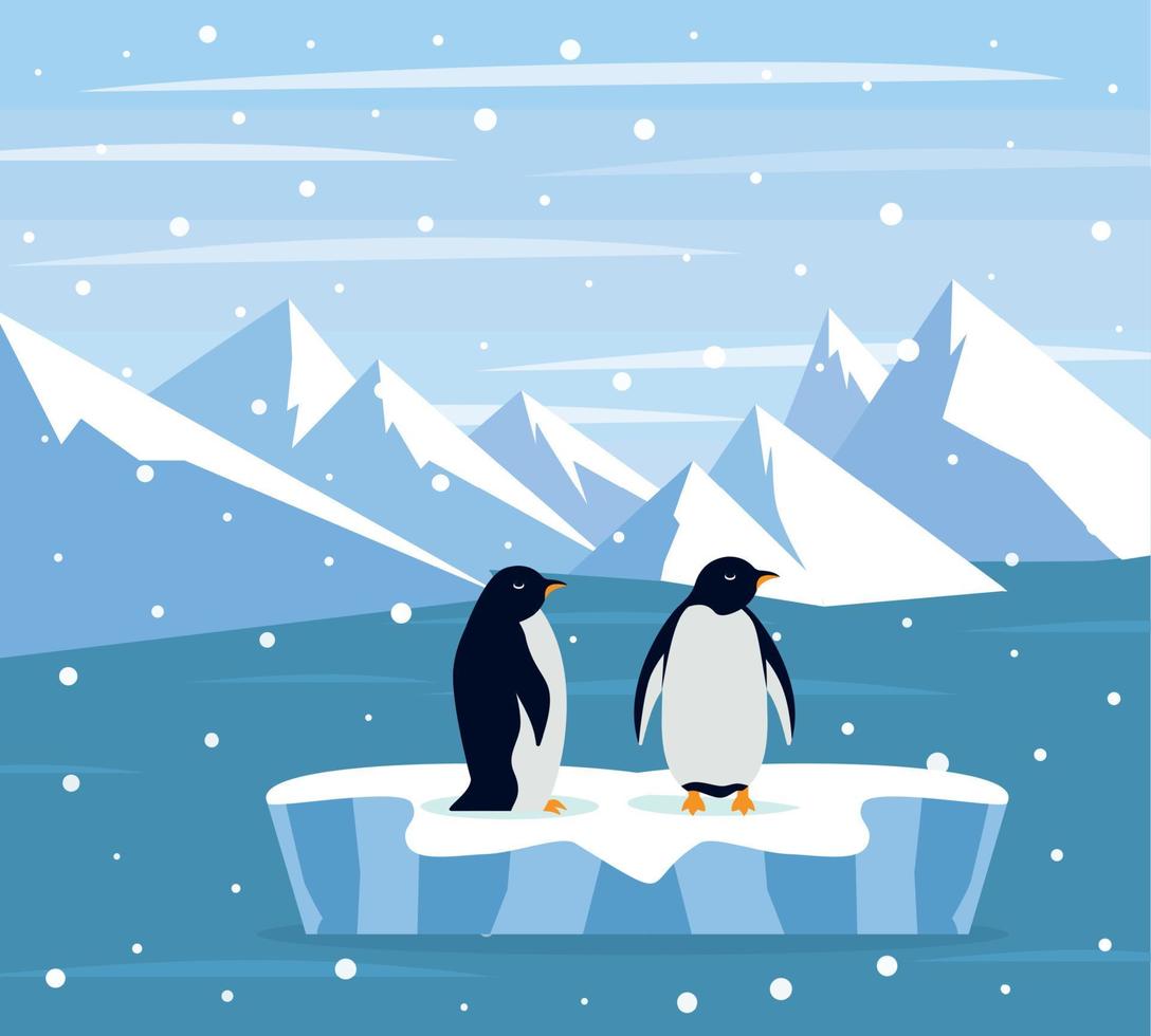 skön panorama med naturlig arktisk glaciär och med grupp pingvin. panorama- landskap av norr hav eller arktisk hav snö berg. frysta natur av antarctica vektor