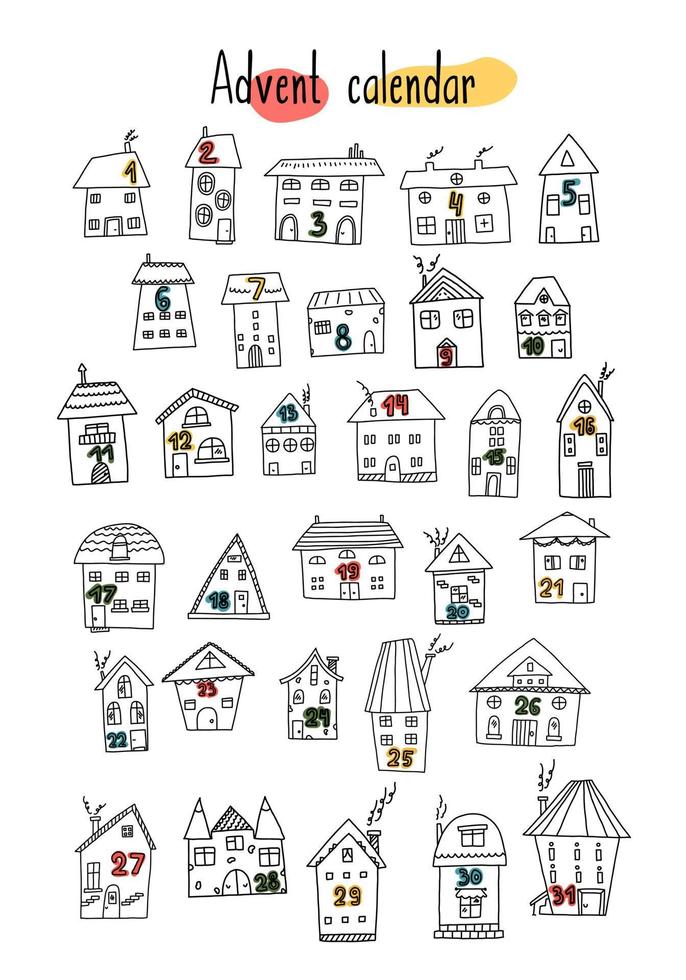 jul och ny år första advent kalender. vektor illustrationer av hus i deadl stil.