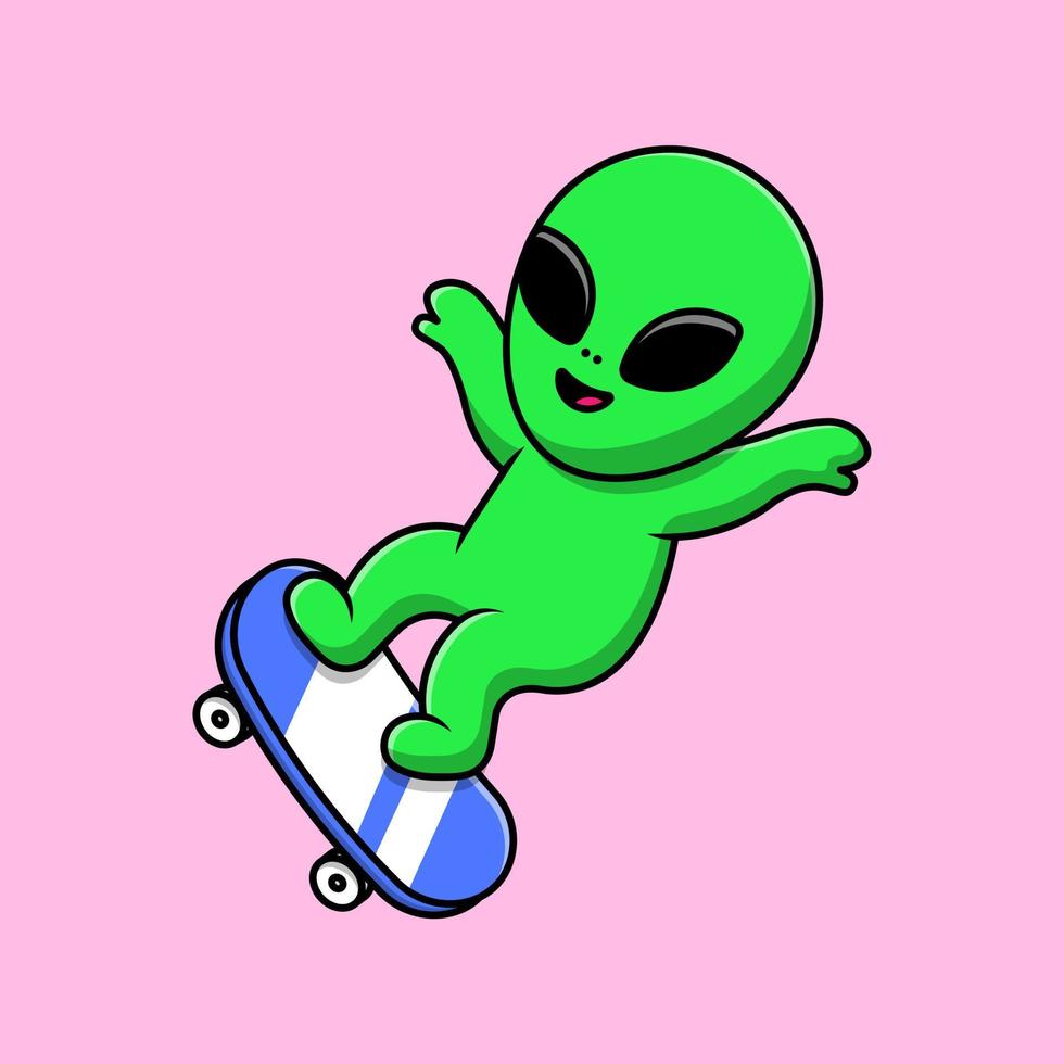 niedlicher alien, der skateboard-karikaturvektorikonenillustration spielt. flaches karikaturkonzept. geeignet für jedes kreative Projekt. vektor