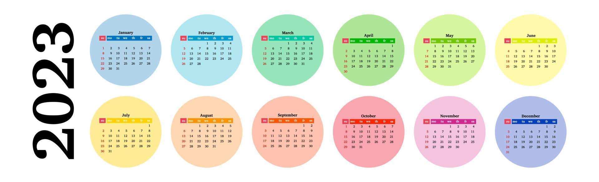 horizontaler Kalender für 2023 isoliert auf weißem Hintergrund. sonntag bis montag, geschäftsvorlage. Vektor-Illustration vektor
