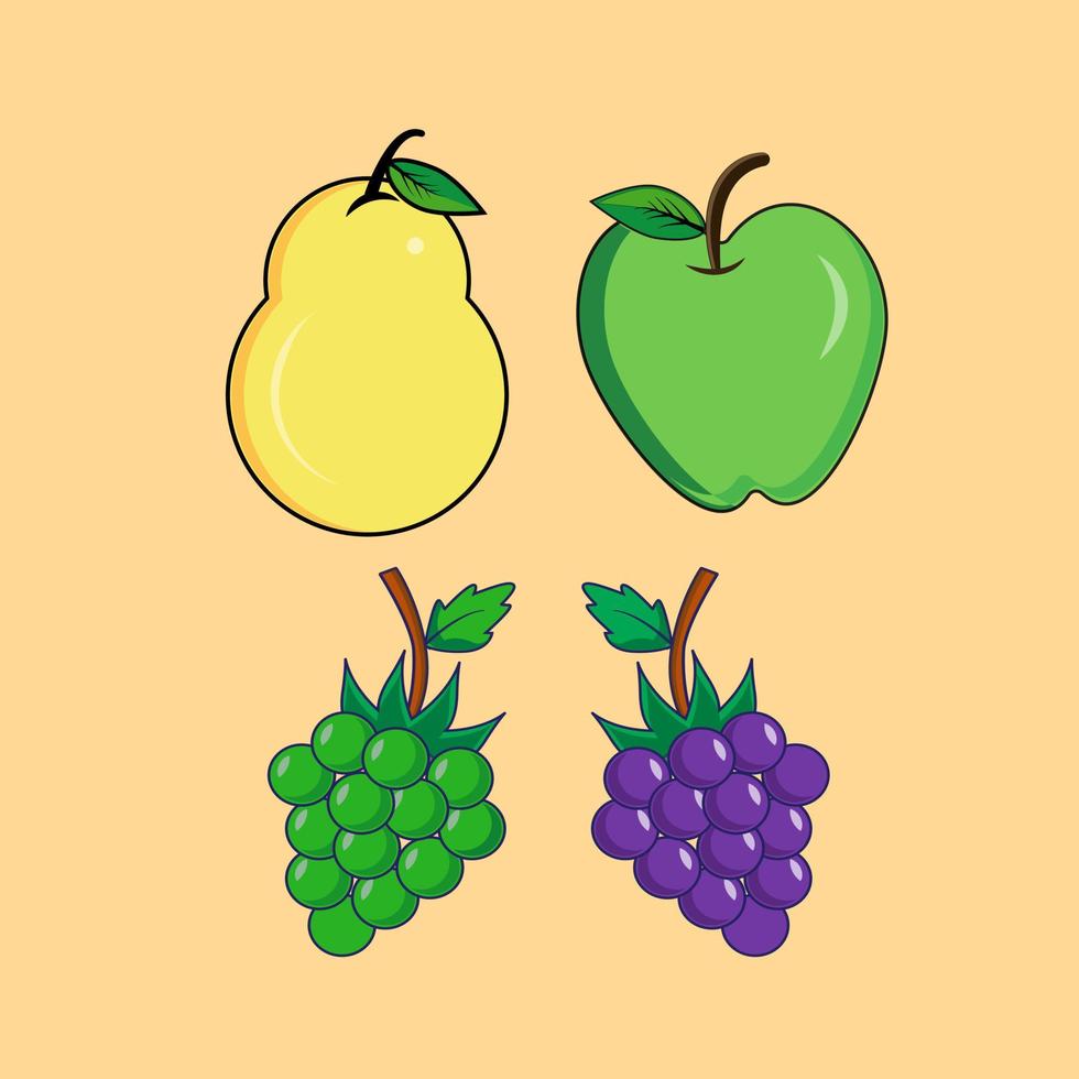 Reihe von verschiedenen frischen Früchten. Birne, Apfel und Trauben. ein Satz für ein Logo oder ein Symbol. Vektor-Illustration auf weißem Hintergrund. vektor
