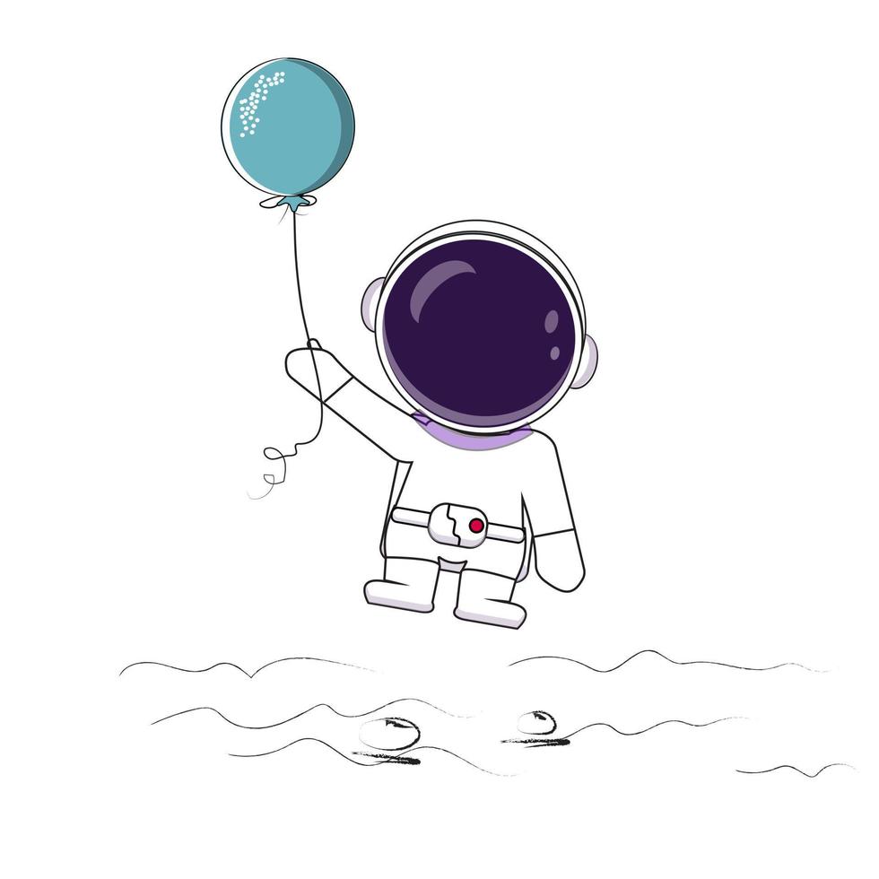 süßer raumfahrer hält einen ballon. astronaut steht auf dem mond. kindliche vektorillustration. handgezeichneter stil vektor