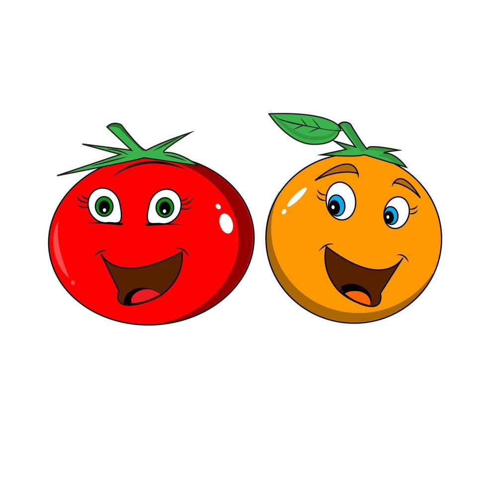 Lycklig söt leende frukt ansikte uppsättning. vektor platt söt tecknad serie karaktär illustration ikon samling. söt orange, äpple, tomat karaktär emoji uppsättning begrepp