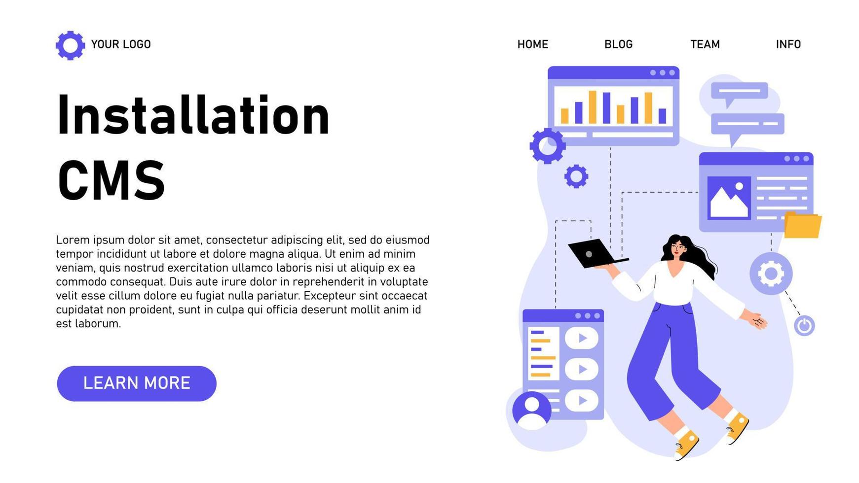 Web-Banner für die cms-Installation. Content-Management-System. Erstellung und Änderung von digitalen Inhalten. idee der digitalen strategie und des inhalts für soziale netzwerke. vektor