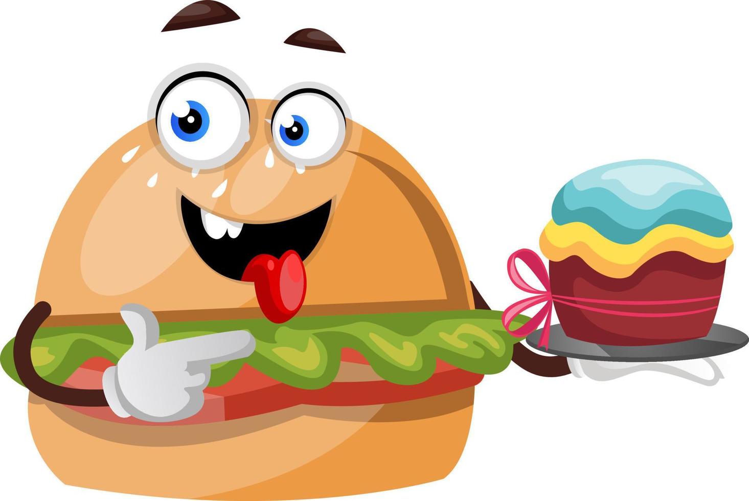 Burger mit Kuchen, Illustration, Vektor auf weißem Hintergrund.